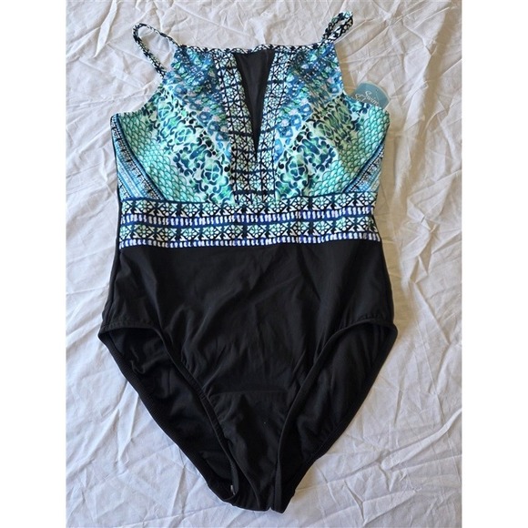 NWT Swim Solutions 14 V Neck Mesh Mio Tummy-control 1 pc Swimsuit 130410 - Picture 4 of 6